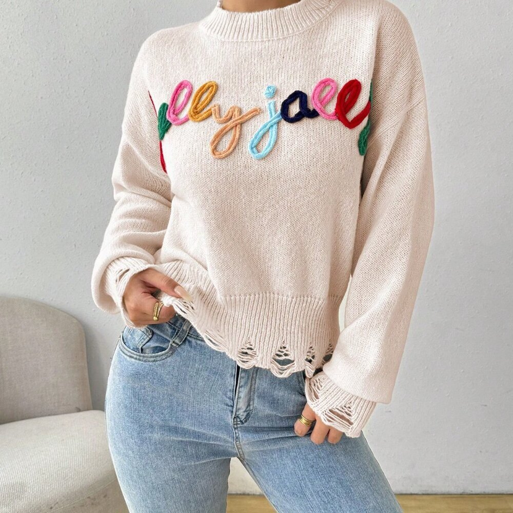 Apricot Casual Women's Round Neck Long Sleeve Letter Patchwork Knit Sweater - Picture 8 of 8